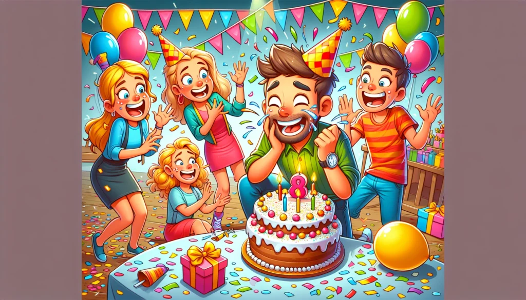 A humorous birthday scene depicting a late celebration