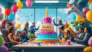 A cheerful office celebration with a birthday cake and decorations and happy birthday wishes for colleagues