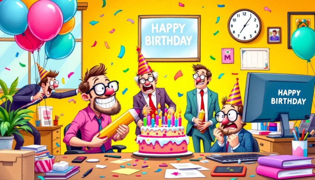 A humorous birthday card with funny illustrations