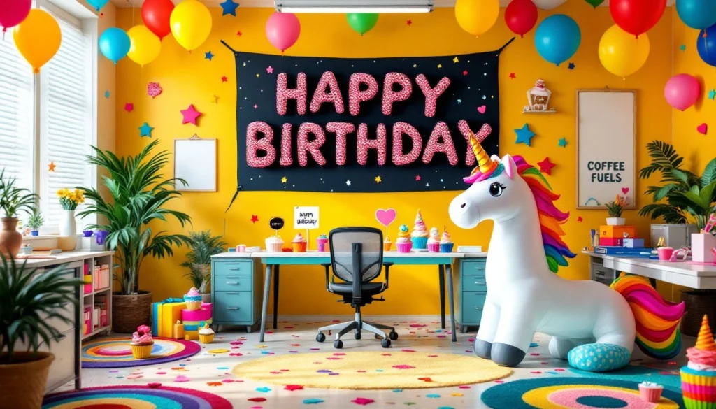 An office workspace decorated for a coworker's birthday