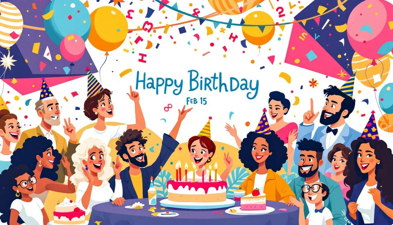 A lively scene featuring celebrities celebrating their February 15 birthdays.