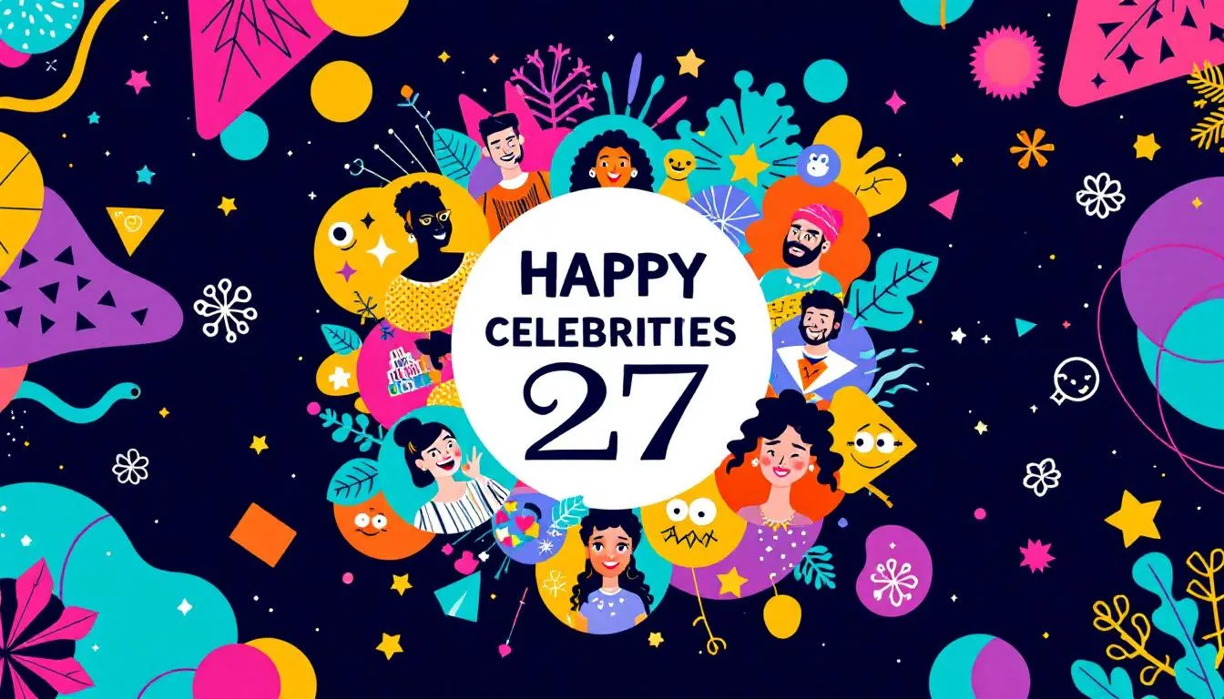 A celebratory image of notable celebrities born on February 27.