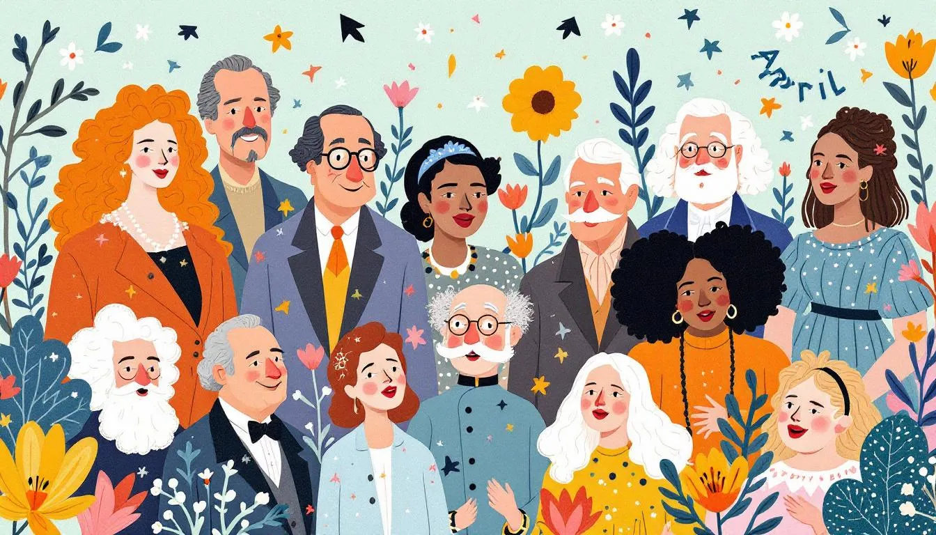 A collage of famous figures celebrating their April birthdays.