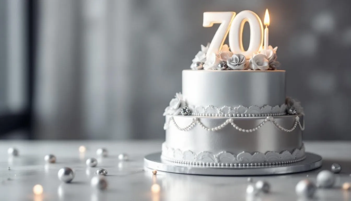 A realistic DSLR quality photo of a platinum birthday cake adorned with gold frosting and gold decorations, perfect for celebrating a special occasion like a golden birthday. The cake showcases a luxurious design that embodies the theme of elegance and celebration.