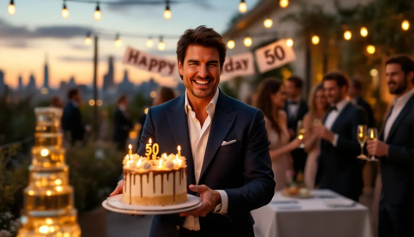 The image depicts Tom Cruise joyfully celebrating his birthday, surrounded by festive decorations and a birthday cake, highlighting his status as a prominent figure in American cinema. This celebration, reminiscent of other famous July birthdays, showcases his successful acting career and contributions to film.