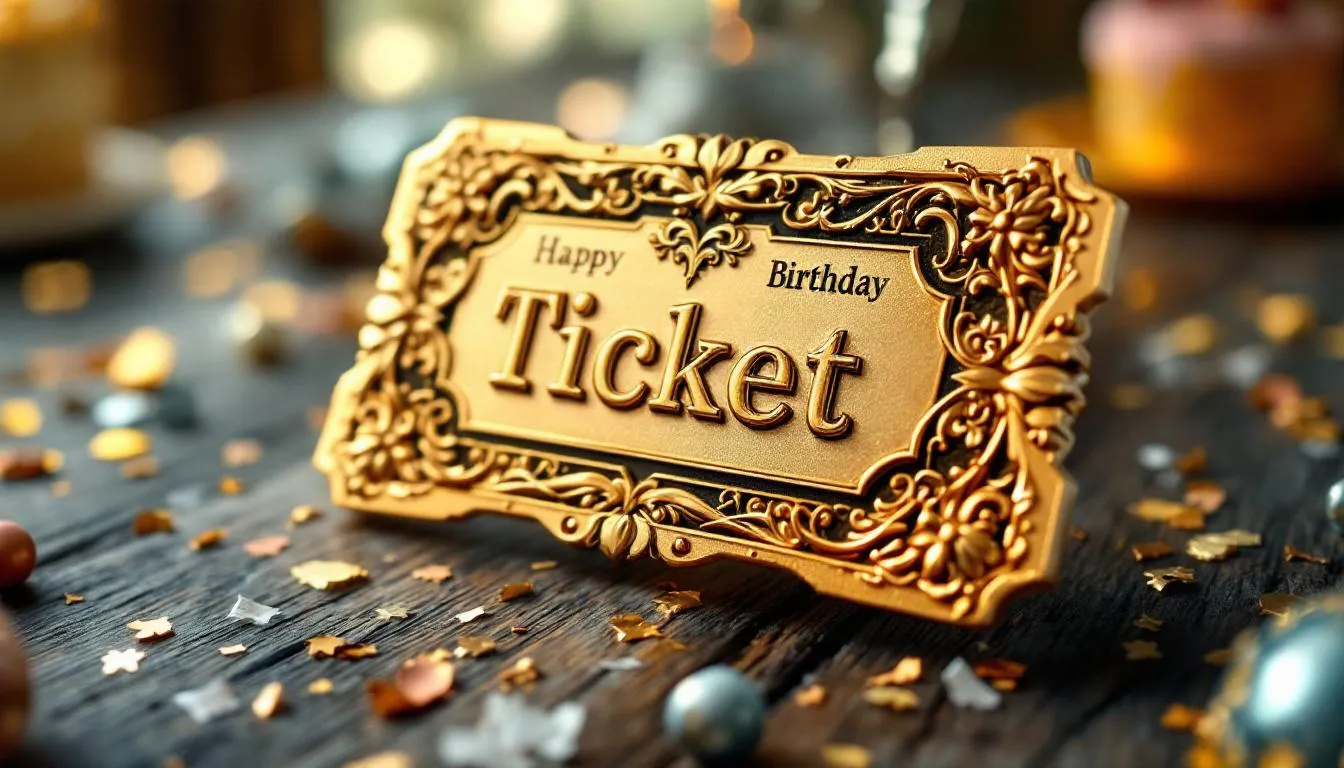 The image features a realistic DSLR quality photo of a golden ticket, symbolizing a special invitation to a golden birthday party. The ticket is decorated with gold accents, reflecting the celebratory theme of this rare occasion where one's age matches the date of their birthday.