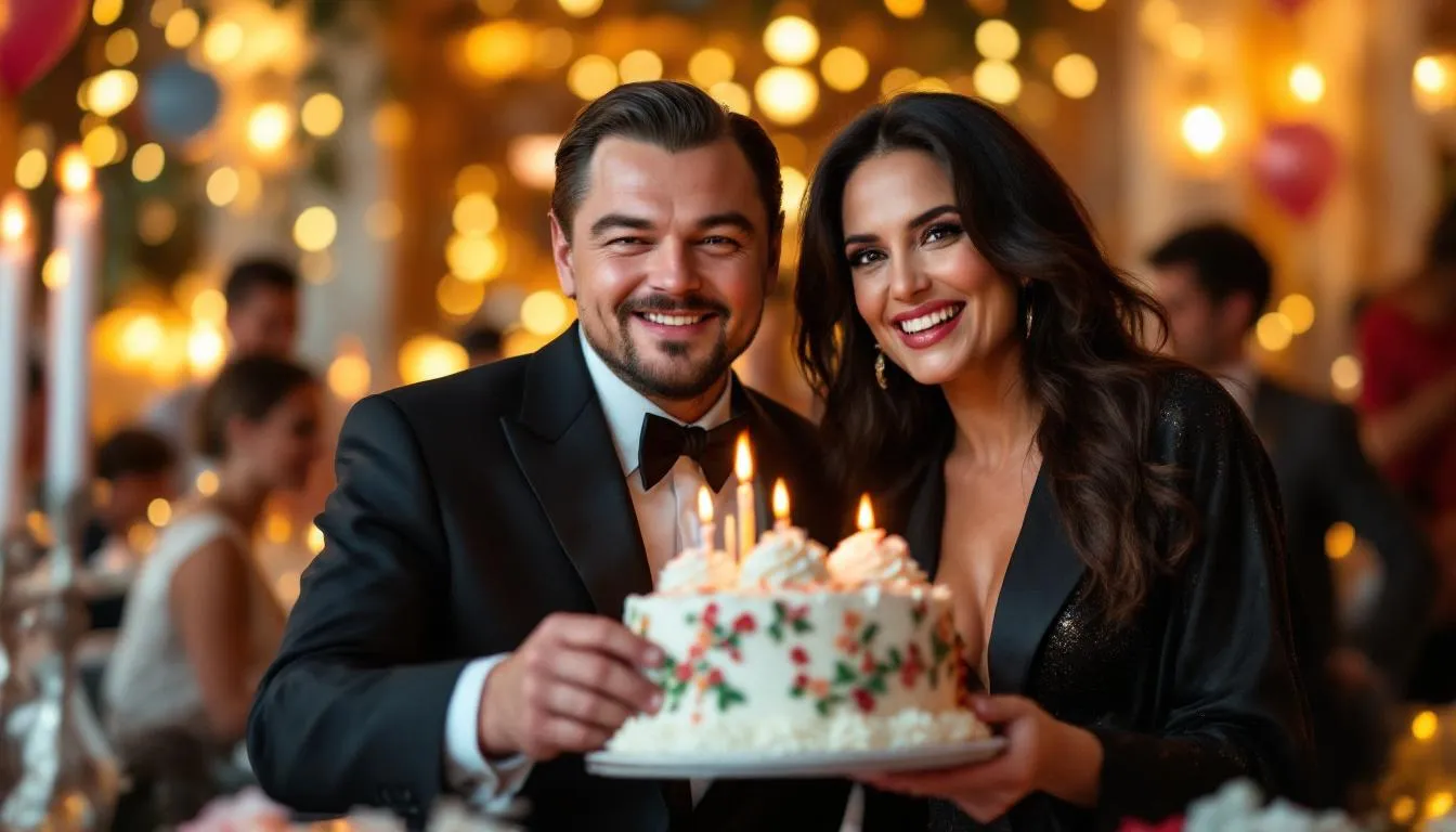 The image captures Leonardo DiCaprio and Demi Moore joyfully celebrating a birthday together in a vibrant setting, likely in Los Angeles, California. Both stars, known for their successful careers in film and television, are seen smiling and enjoying the festivities, embodying the spirit of notable November birthdays.