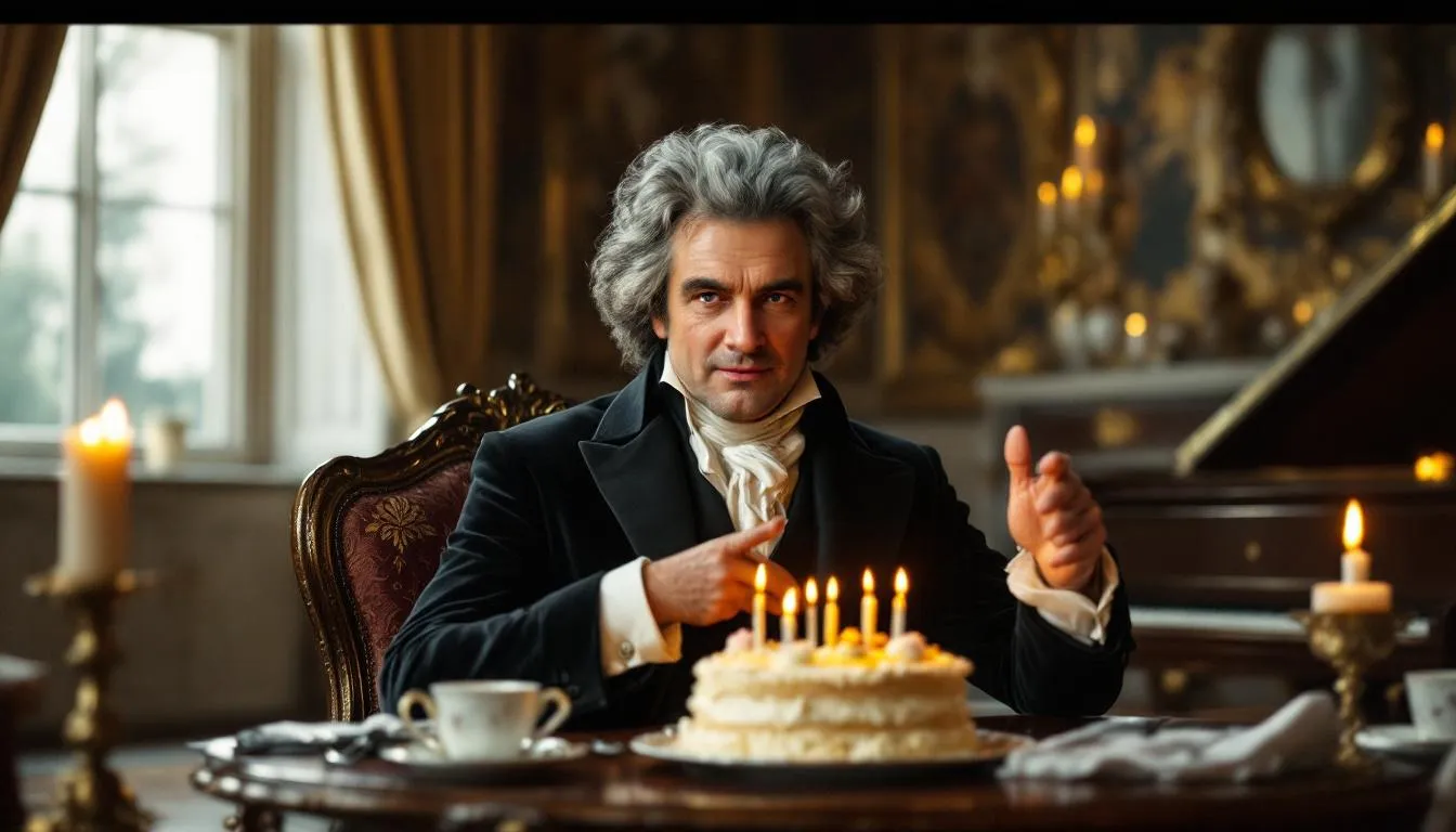 A realistic DSLR quality photo depicts Ludwig van Beethoven celebrating a birthday, surrounded by festive decorations and a birthday cake, highlighting his significance among famous December birthdays. 