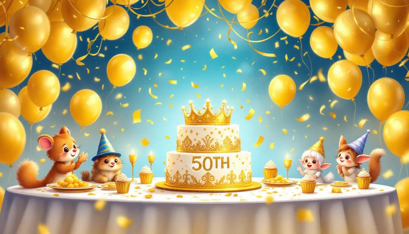 A celebration setup for a platinum birthday featuring gold decorations.