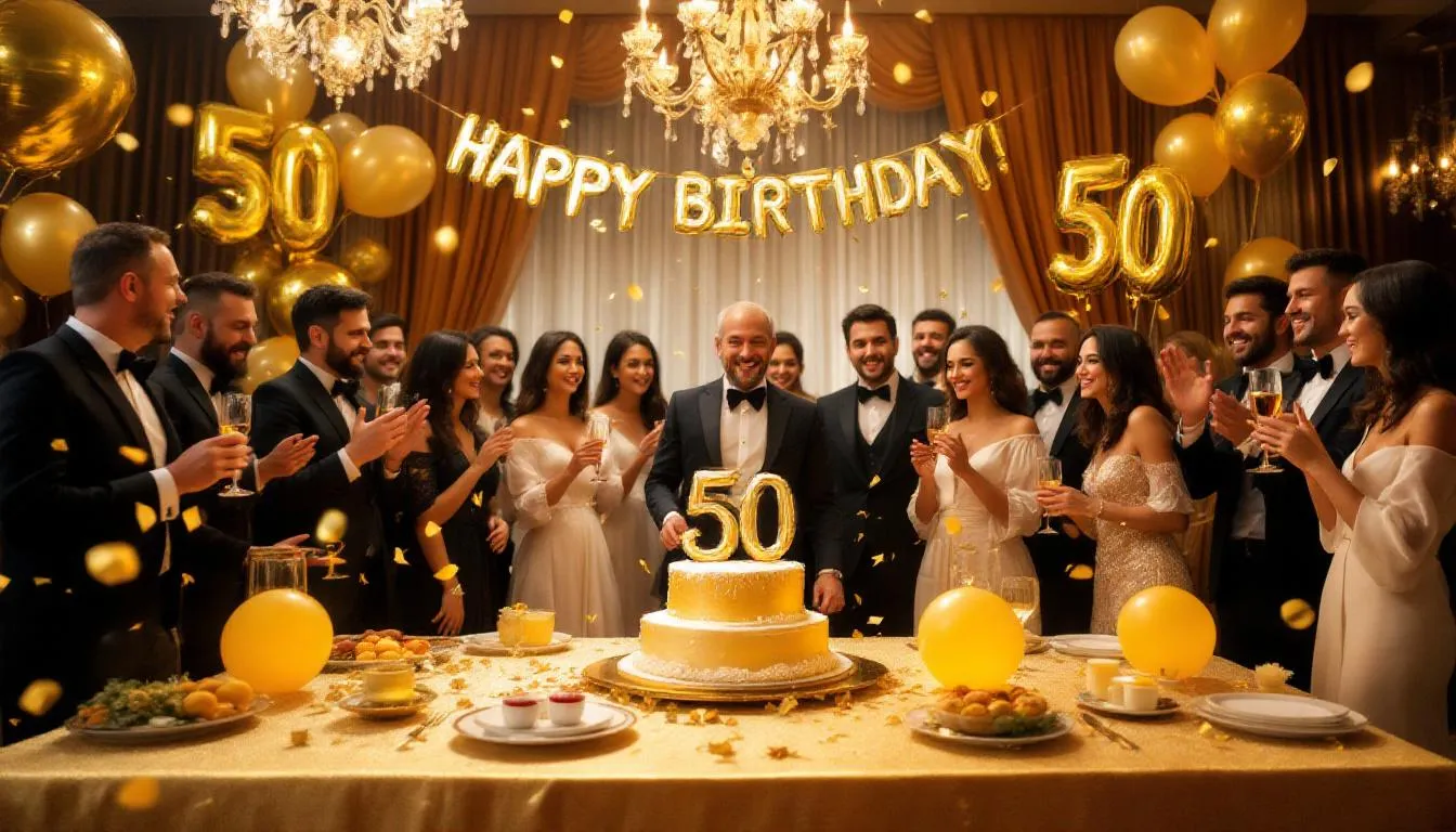 The image depicts a vibrant golden birthday party celebration, featuring children joyfully gathering around a beautifully decorated table adorned with gold balloons, gold streamers, and a stunning cake topped with gold frosting. The atmosphere is festive, with gold confetti scattered around and party guests enjoying the special day, making it a memorable occasion for all.