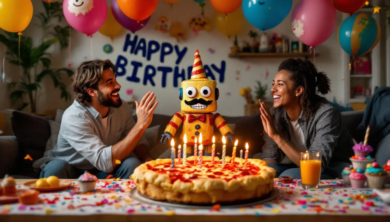 A vibrant birthday party scene filled with playful decorations, including humorous birthday messages and colorful balloons. The centerpiece is a whimsical birthday cake adorned with candles, surrounded by cheerful friends celebrating the special day with laughter and fun.