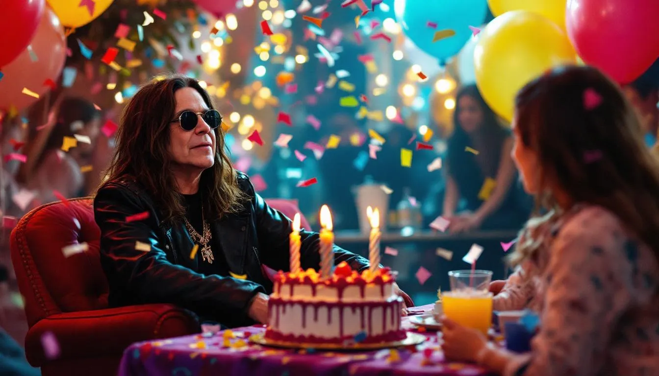 The image captures Ozzy Osbourne celebrating his birthday, surrounded by colorful decorations and a birthday cake, embodying the festive spirit of December birthdays. His joyful expression reflects the excitement of the occasion, marking a moment in the life of this iconic musician and celebrity.