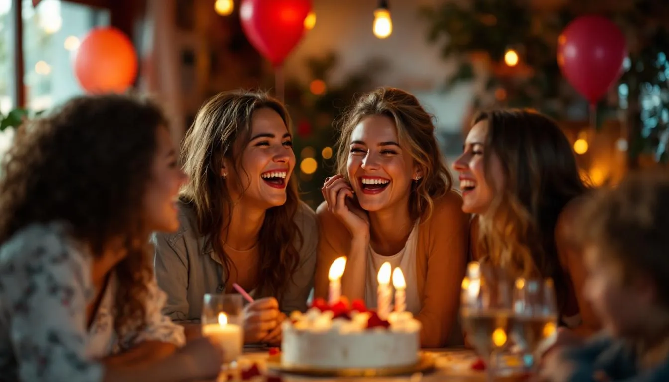 A group of friends joyfully laughing together at a birthday celebration, surrounded by colorful decorations and a beautiful birthday cake adorned with candles. The atmosphere is filled with fun and heartfelt birthday wishes as they share funny birthday messages, creating a memorable moment for the birthday person.