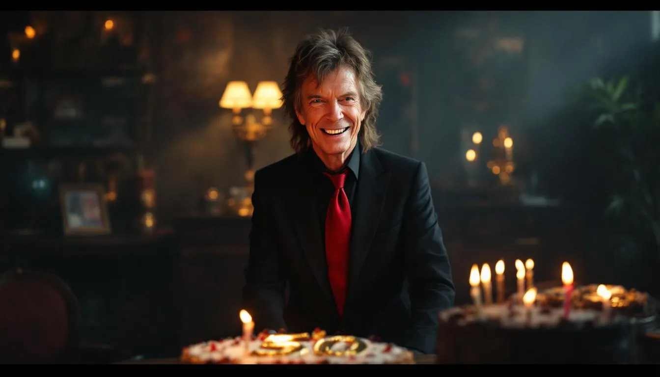 The image captures Mick Jagger celebrating a birthday, surrounded by friends and festive decorations in a lively atmosphere, embodying the spirit of July birthdays. He is seen smiling and enjoying the moment, reflecting his vibrant music career as a founding member of the Rolling Stones.