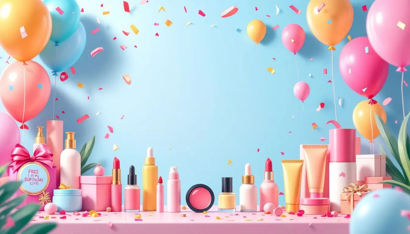 Beauty products representing free birthday gifts from beauty stores.