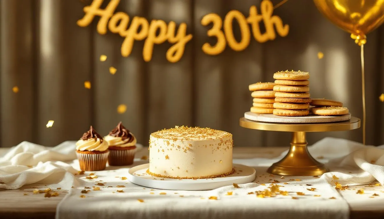 The image features a beautifully arranged display of golden-themed birthday treats, including a cake adorned with gold frosting, gold balloons, and sparkling gold confetti, perfect for celebrating a golden birthday. The scene radiates a festive atmosphere, ideal for a memorable birthday party filled with fun ideas and quality time with friends and family.