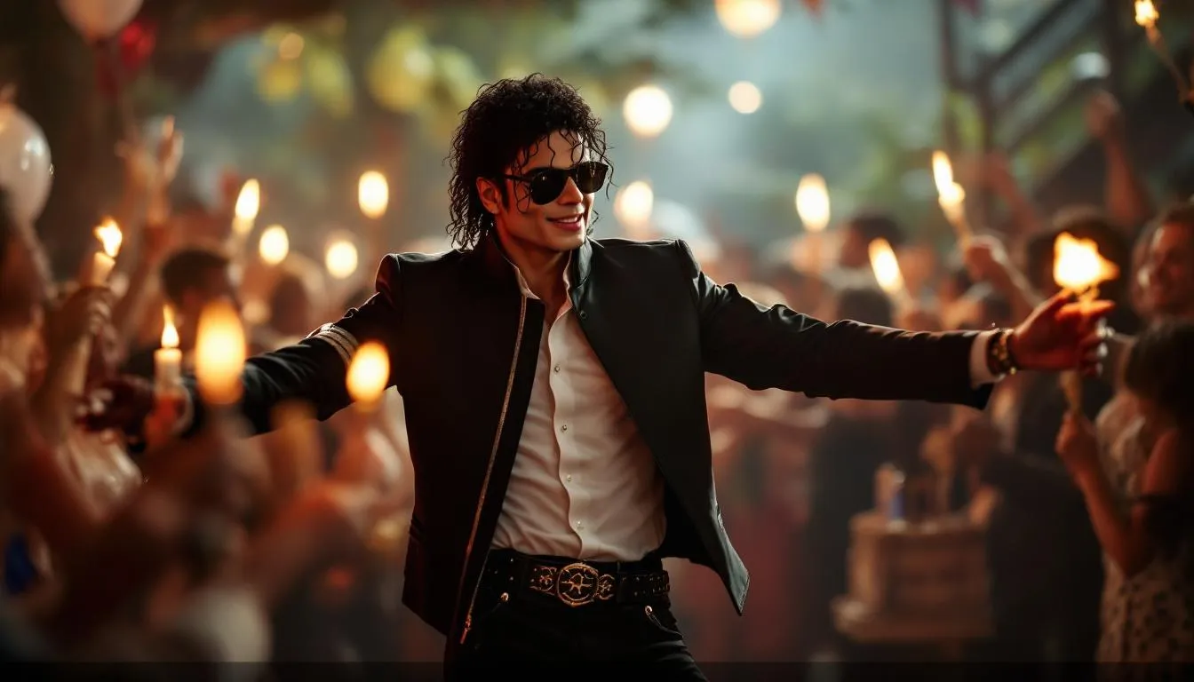 The image captures Michael Jackson celebrating a birthday, surrounded by colorful decorations and a festive atmosphere, embodying the joy of August birthdays. The iconic musician is seen smiling, with a birthday cake adorned with candles, highlighting a moment of happiness and celebration.
