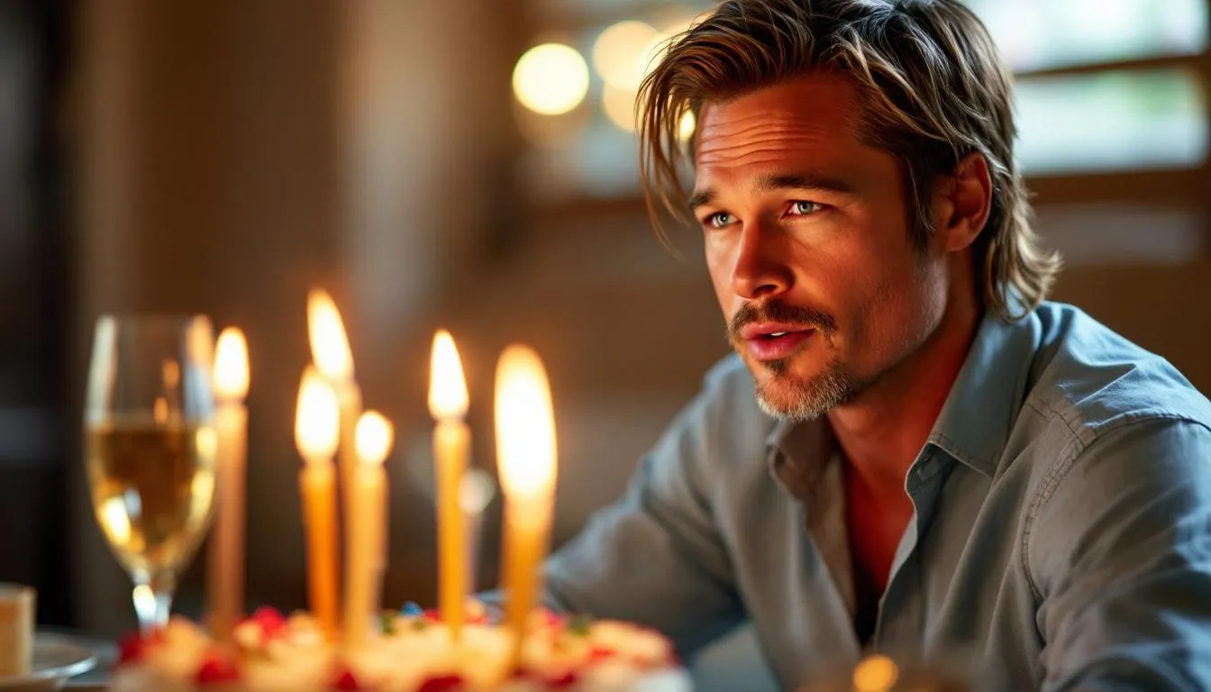A vibrant, high-quality photo captures Brad Pitt celebrating his birthday with a joyful expression, surrounded by festive decorations and a birthday cake. This moment highlights the charm of celebrity birthdays, reminiscent of other famous December birthdays like Frank Sinatra and Taylor Swift.