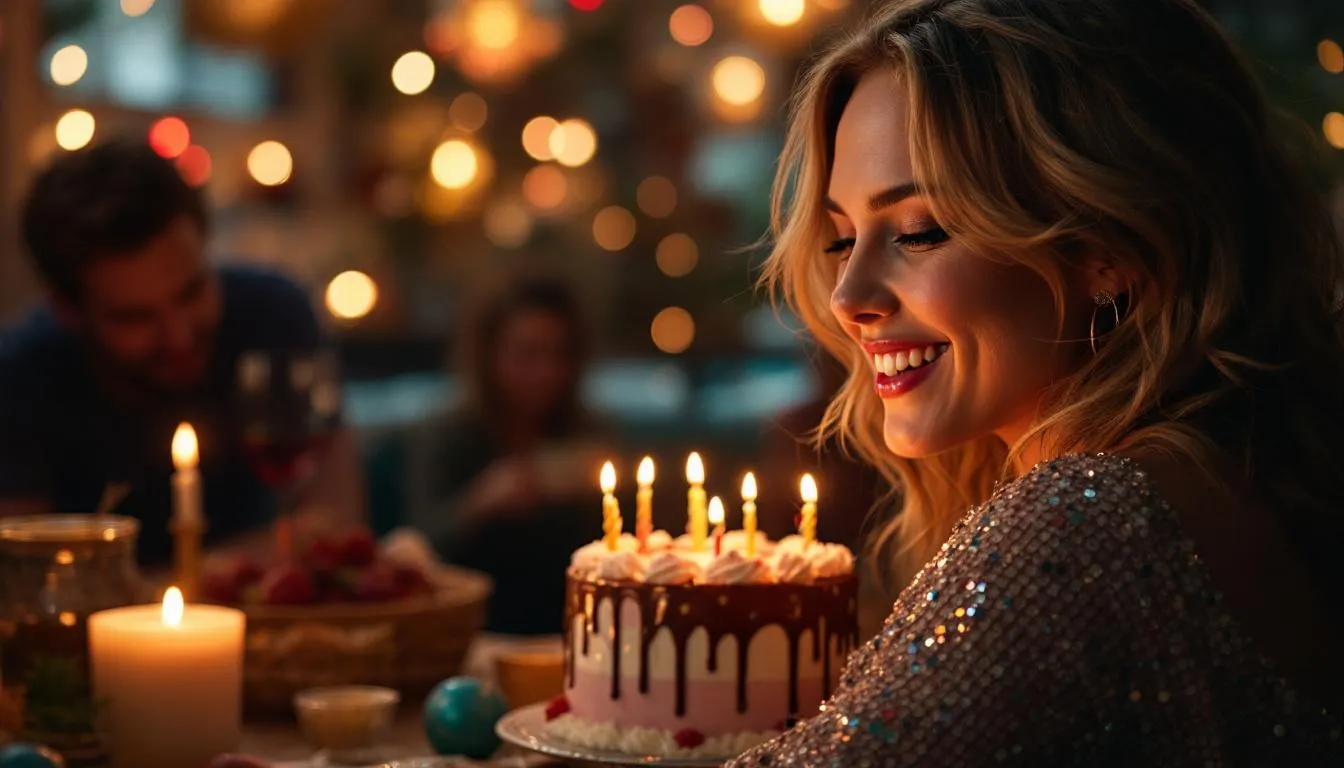 A realistic DSLR quality photo captures Scarlett Johansson celebrating her birthday, surrounded by festive decorations and friends in Los Angeles, California. This moment reflects her successful career as an actress, known for her notable roles and critical acclaim in the film industry.