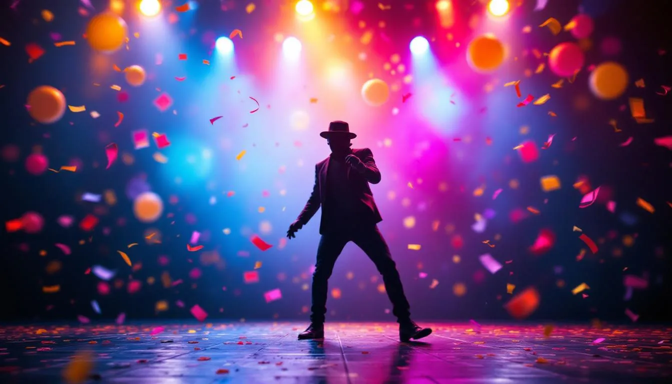 A blurred image of a famous musician performing on stage celebrating may birthdays.