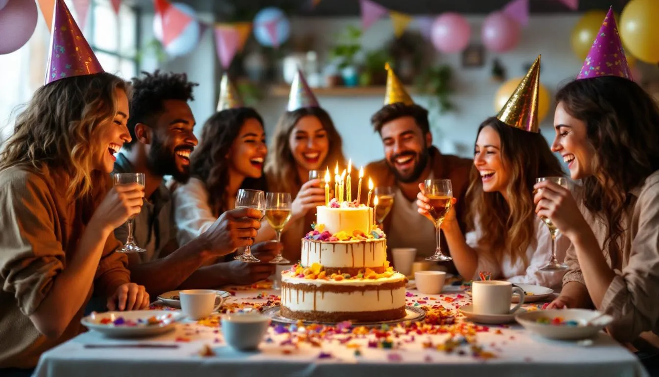 A lively group of friends joyfully celebrating a birthday, surrounded by colorful decorations and a beautifully decorated birthday cake topped with candles. The atmosphere is filled with laughter and heartfelt birthday wishes, capturing the essence of friendship and fun on this special day.